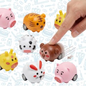 Schattige Pullback Animals met wieltjes in verschillende dierenvormen. Trek het diertje naar achteren en laat los, waarna het vanzelf naar voren rijdt. Leuk als uitdeelcadeautje voor kinderen.